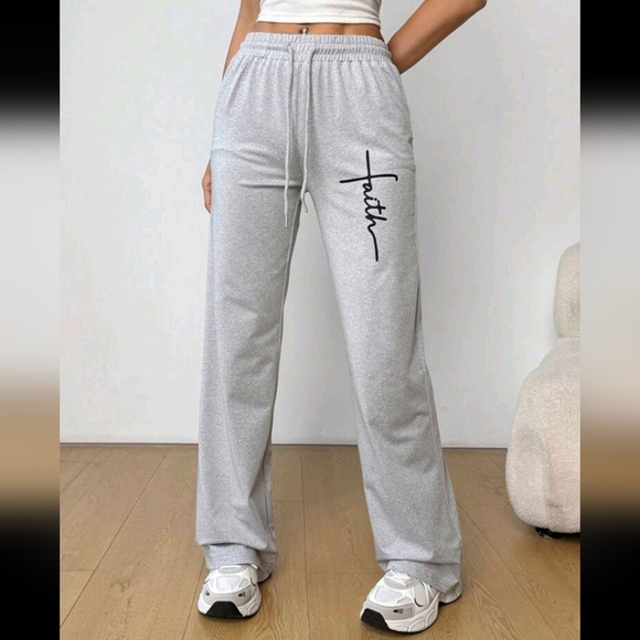 Women's Casual Flower & Letter Print Grey Sweatpants - Picture 1 of 4